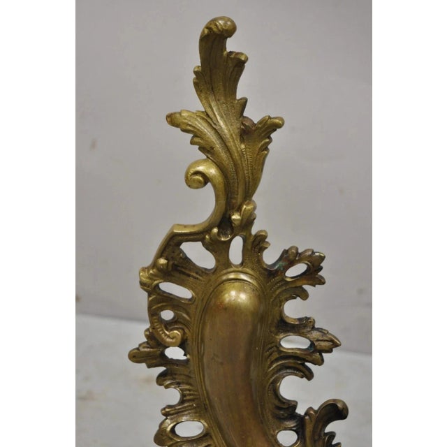 Vintage French Rococo Bronze Acanthus Leafy Scroll Fireplace Andirons - A Pair For Sale - Image 4 of 11