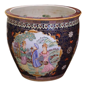 Midcentury Chinese Export Porcelain Fish Bowl With Oriental Decorations