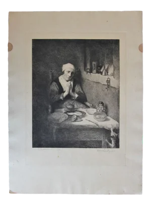 1910s Traditional Portrait of an Elderly Woman Praying at a Table Etching