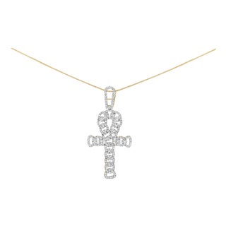 10K Yellow Gold 1.00 Cttw Ankh Cross Pendant (H-I Color, SI1-SI2 Clarity) -18" Inches For Sale