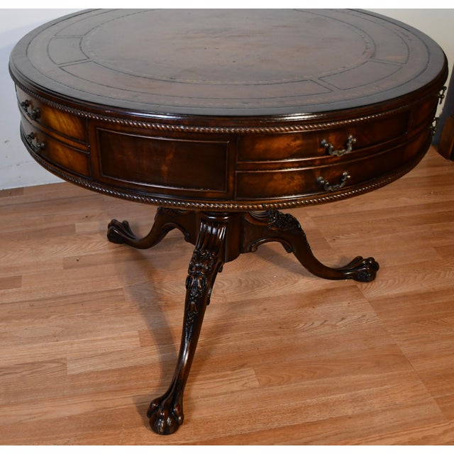 Brown 1900s Vanleigh Co. Ny English Chippendale Mahogany & Leather Top Round Center Table / Hall Table For Sale - Image 8 of 17