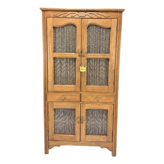 Vintage Wood Storage Cabinet With Woven Cane Panel Doors For Sale