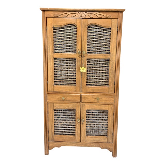 Vintage Wood Storage Cabinet With Woven Cane Panel Doors For Sale