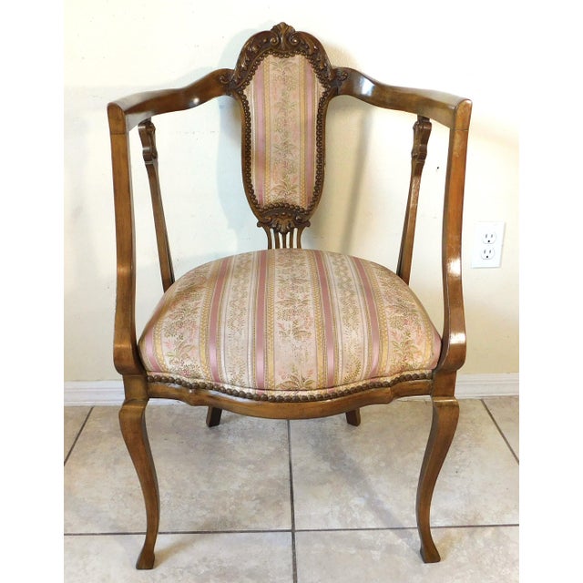 Antique Victorian Pink Floral Striped Carved Wood Brass Studded Side/End Accent Chair For Sale - Image 15 of 15
