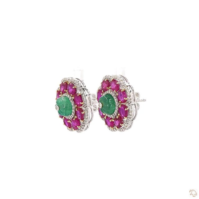 Modern 0.95 Carat Round Brilliant Cut Diamond Emerald Ruby Gold Earrings, Pair For Sale - Image 3 of 9