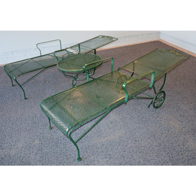Mid 20th Century Attributed to Russell Woodard Wrought Iron Chaise Loungers With Removable Service Table For Sale - Image 6 of 13