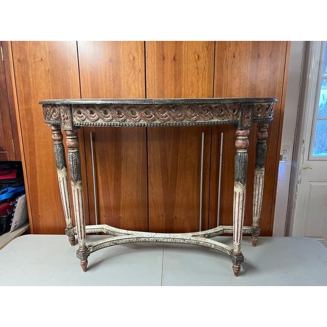 Mid 20th Century Louis XVI Style Carved Wooden Demilune Console Table For Sale - Image 5 of 17