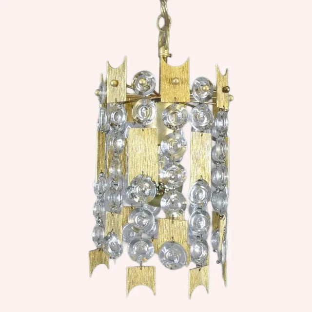 Brass and Crystal Ceiling Light attributed to Ernst Palme for Palwa For Sale - Image 4 of 6