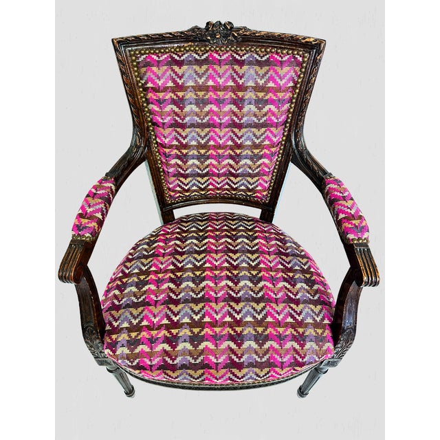 French Mahogany Square Back Chair Pair Pink Velvet Magenta Purple Petit Point For Sale - Image 4 of 17