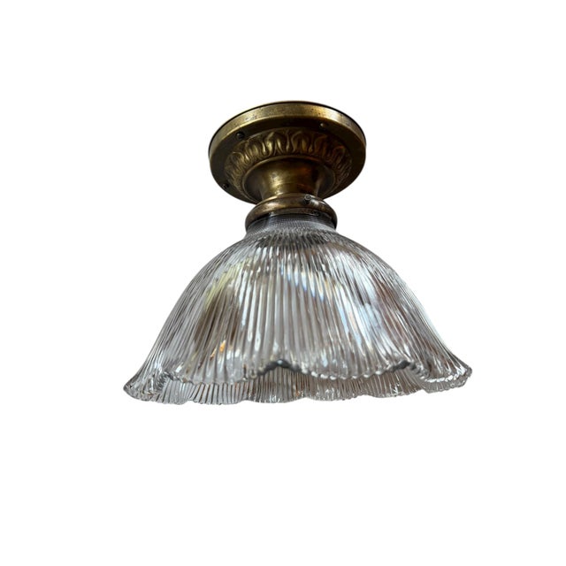 1920s Large Scalloped Halophane Ceiling Light With Embossed Brass Canopy For Sale - Image 4 of 4