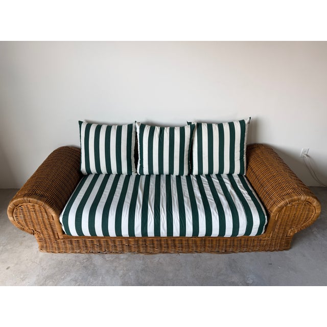 1970s 1970s Vintage Coastal Organic - Rattan Sofa With Rolled Arms & Striped Cushions For Sale - Image 5 of 18