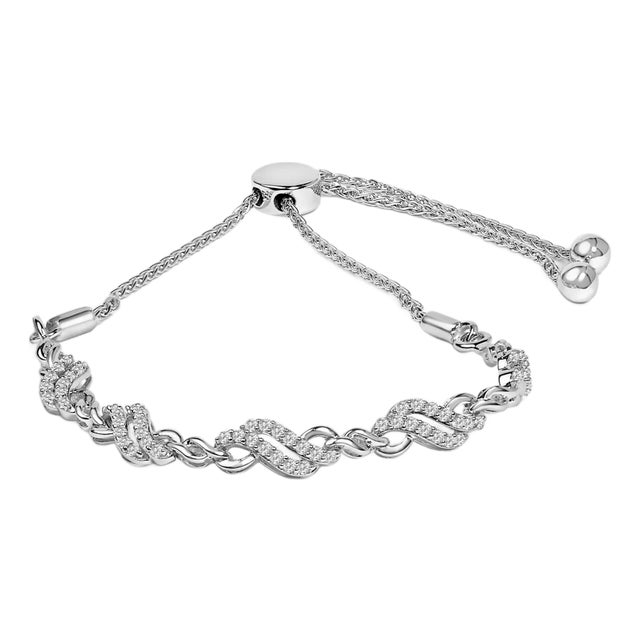 .925 Sterling Silver 1/2 Cttw Diamond Double Wave Bolo Bracelet For Sale