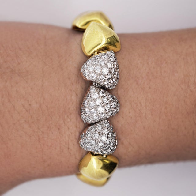 White 18k Gold Heart Charm Link 3.5 Carat Pave Diamond Bracelet For Sale - Image 8 of 9