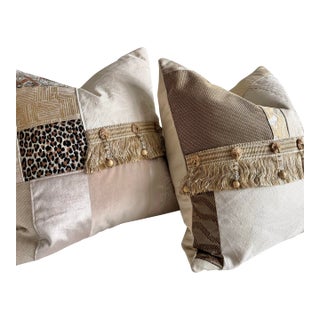Lux Patchwork With Fringe Pillows - 18" X 18" Sold as a Pair For Sale