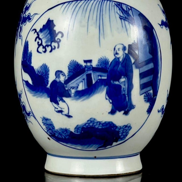 Late 20th Century Vintage Blue and White Porcelain Lidded Jar With Figural Landscape Panels For Sale - Image 5 of 8