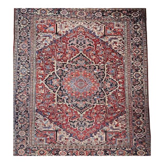 Vintage Oversized Heriz Serapi, Hand-Knotted, Geometric Medallion Pattern, Red & Blue, 11x15 For Sale