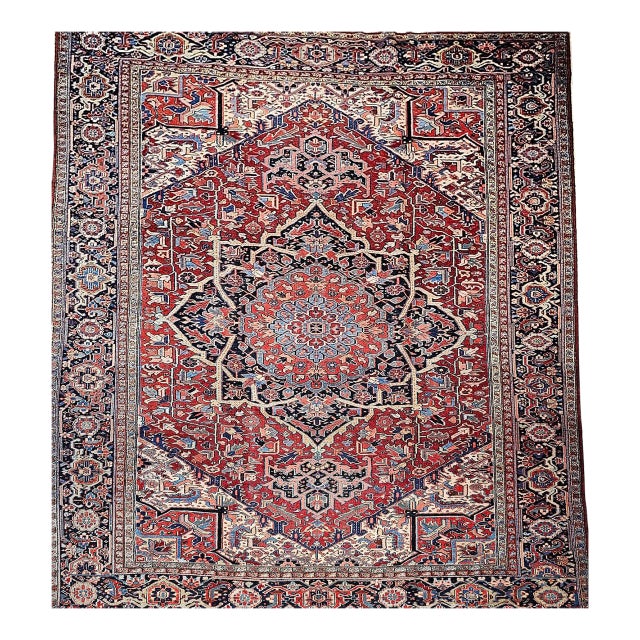 Vintage Oversized Heriz Serapi, Hand-Knotted, Geometric Medallion Pattern, Red & Blue, 11x15 For Sale