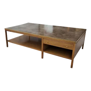1950s Paul McCobb for Calvin Coffee Table Leather Top Philippine Mahogany Brass Trim