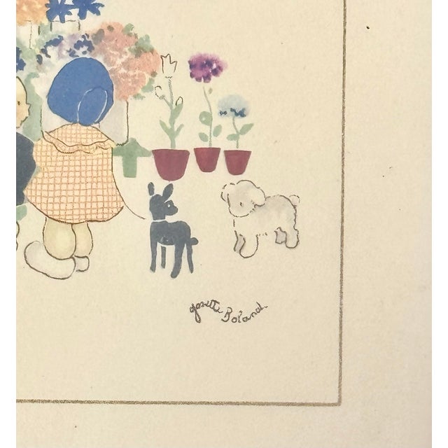 This delightful vintage lithograph by French artist Gisele Boland captures a vibrant and heartwarming Parisian flower...