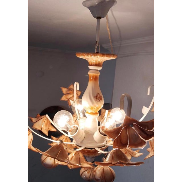 Glass Vintage Italian Porcelain & Amber Brown Murano Glass Flower Chandelier For Sale - Image 7 of 10