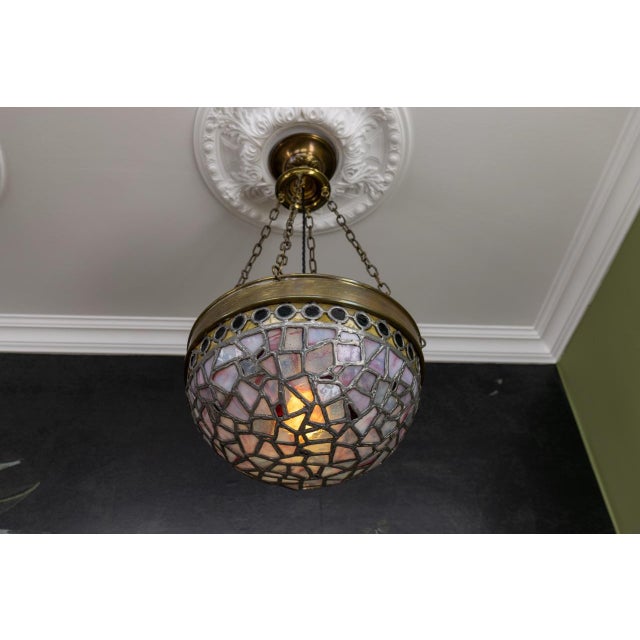 1920s Art Nouveau French Blue and Violet Stained Glass Pendant Light, 1920s For Sale - Image 5 of 18