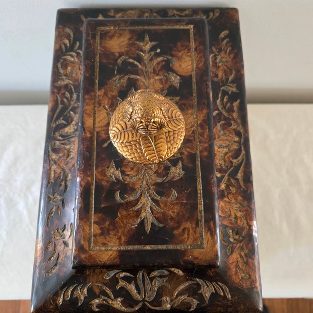 1980s Maitland Smith Ornate Hinged Mahogany Chest With Brass Ball Feet Leaf Finnial For Sale - Image 6 of 18