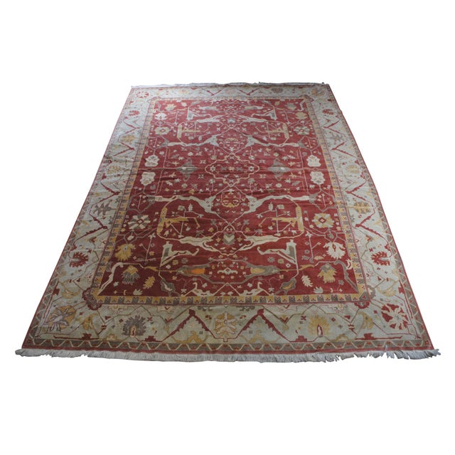 Turkish Vintage Turkish Hand Knotted Oushak Geometric Palace Area Rug Carpet 12' X 16.5' For Sale - Image 3 of 13
