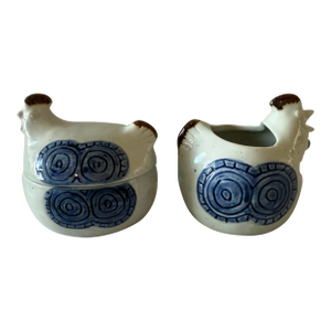 Vintage Happu Pattern Stoneware Chicken Shaped Cream and Sugar Set Made by Otagiri Japan