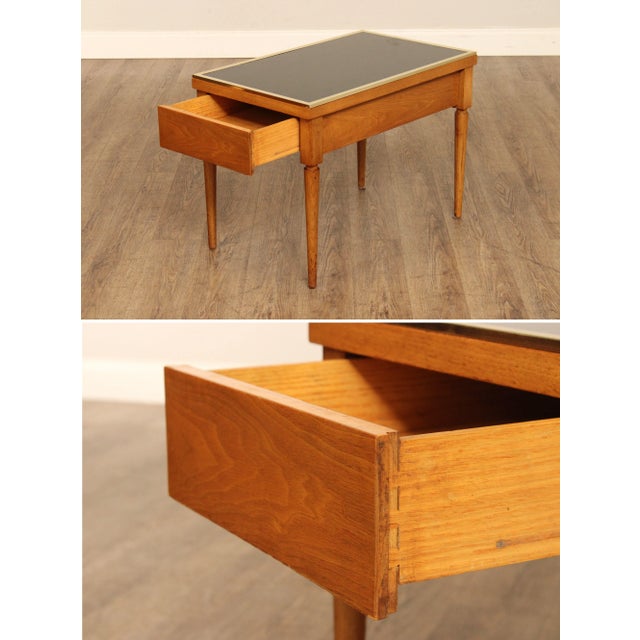 Mid-Century Modern Directoire Style Black Glass Top Fruitwood Side Tables - A Pair For Sale - Image 4 of 12