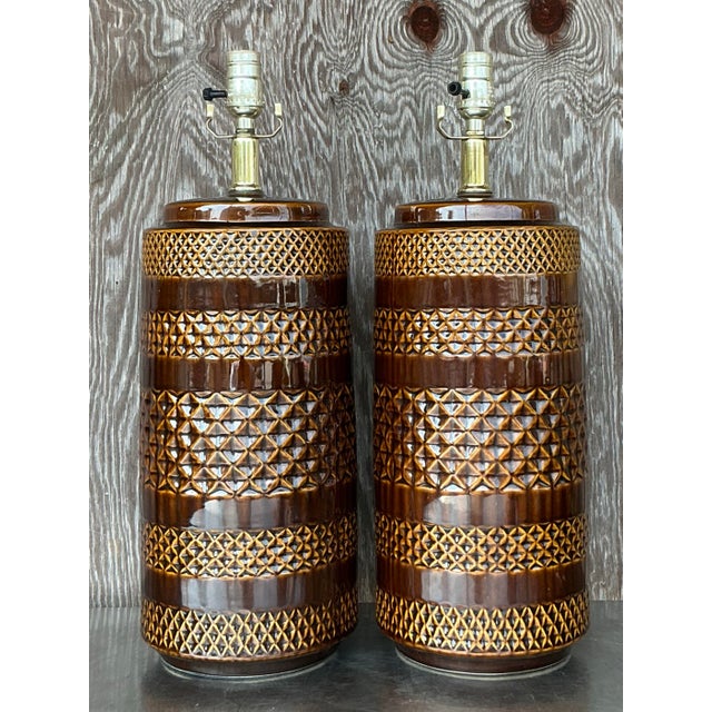 Brown Vintage Boho Glazed Ceramic Band Lamps - a Pair For Sale - Image 8 of 10