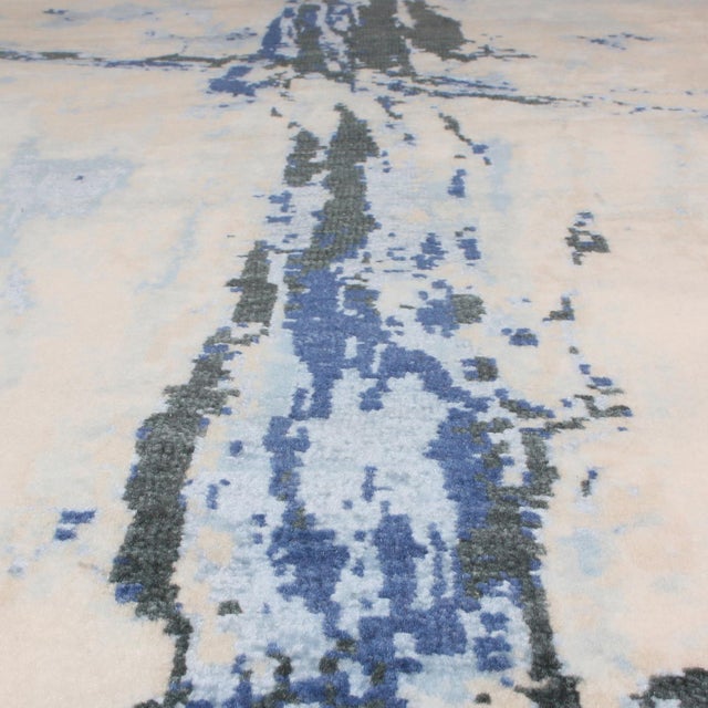 Rug & Kilim Rug & Kilim's Modern Abstract Rug With Beige and Blue Distressed Pattern For Sale - Image 4 of 5
