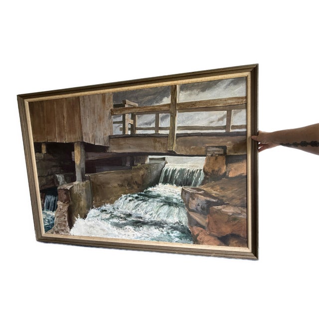 Vintage Original Oil Painting of an old River Mill and rushing water of a creek. Simple modern style and view, almost...