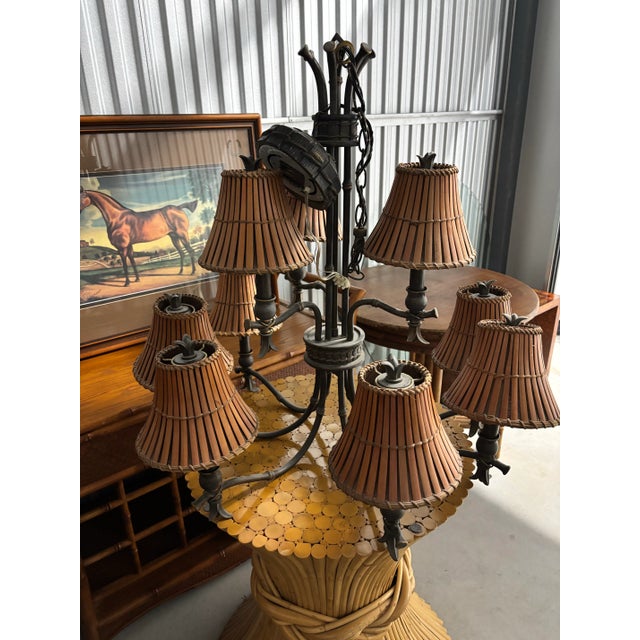 Late 20th Century Elegant, 2 Tired, 9 Bulb, Faux Bamboo Bronze Chandelier With Custom Rattan Shades For Sale - Image 4 of 7