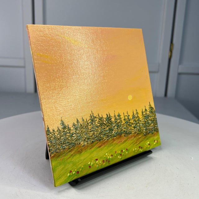 2020s A Day Ends 6" X 6" Acrylic Painting Forest Sunset Landscape Original Wall Art For Sale - Image 5 of 7