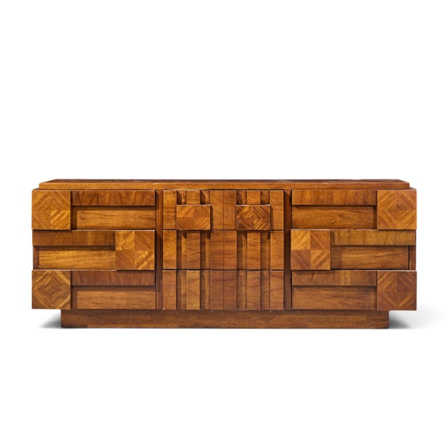 Lane Staccato Brutalist Mid Century Walnut Lowboy Dresser This lowboy measures: 78.25 wide x 19.25 deep x 30 inches high...