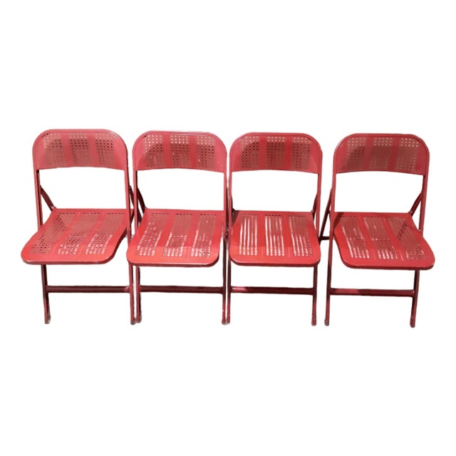 Set of 4 Vintage Lyon Red Metal Lattice Folding Chairs – Made in Usa – Sturdy & Perforated For Sale