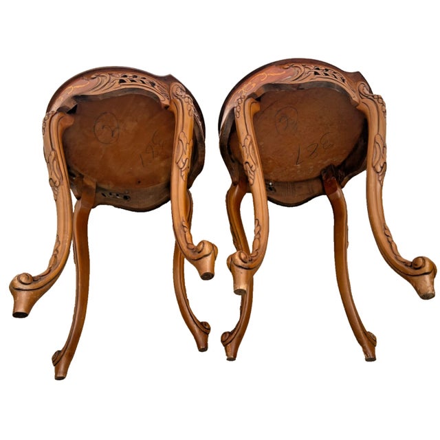 1930s Two French Side Tables, Display, Nightstands, Round Top Floral Marquetry For Sale - Image 13 of 13