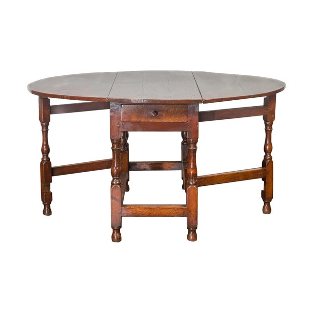 English Oval Oak Drop-Leaf Table with Single Drawer and Baluster Legs For Sale - Image 4 of 11