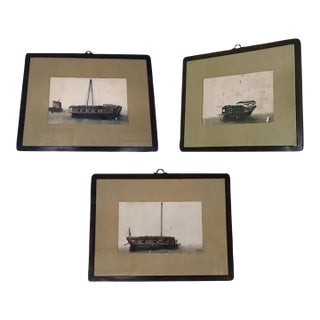 19th Century Chinese Pith Paper Nautical Paintings, Set of 3 For Sale