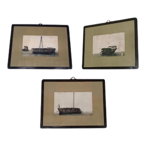 19th Century Chinese Pith Paper Nautical Paintings, Set of 3
