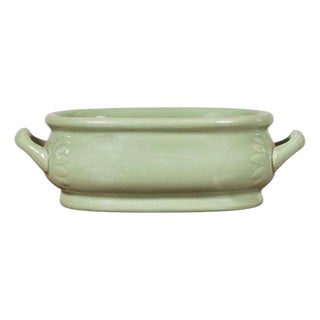 Chinese Vintage Celadon Foot Bath with Two Handles and Foliage Motifs For Sale