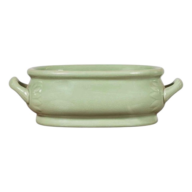 Chinese Vintage Celadon Foot Bath with Two Handles and Foliage Motifs For Sale