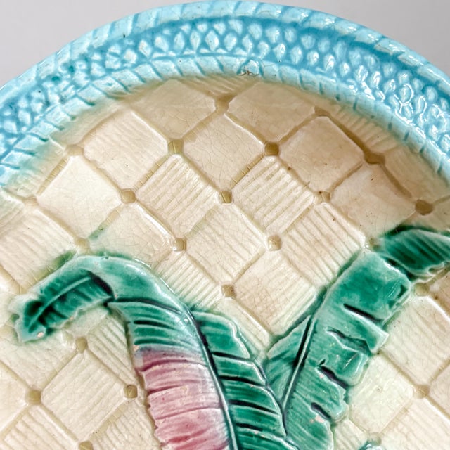 Antique Majolica Banana Leaf Pattern Rectangular Decorative Plate For Sale - Image 4 of 16
