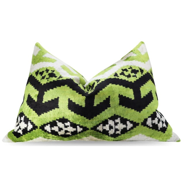 Mid-Century Modern Contemporary Green Black Velvet Throw Pillow & Down Insert For Sale - Image 3 of 12