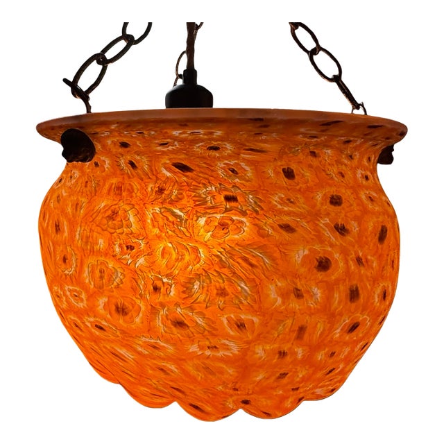 1890’s Vittorio Zecchin, Orange Mille Fiori Pendant Lamp With Lion’s Head Hardware, Likely Compagnia Venezia Murano (Cvm) For Sale