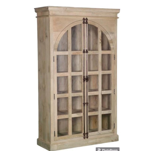 Modern Coastal 2-Door Arch Glass Solid Mango Wood Bookcase For Sale - Image 4 of 4