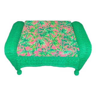 Vintage Henry Link Style Palm Beach Green Wicker Bench With Lilly Pulitzer Cushion For Sale