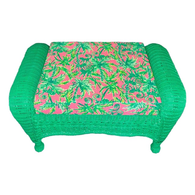 Vintage Henry Link Style Palm Beach Green Wicker Bench With Lilly Pulitzer Cushion For Sale
