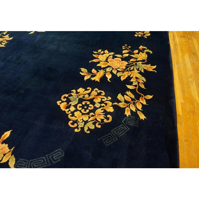 1930s Blue Navy Floral Modern Antique Chinese Art Deco Carpet 8'10" X 11'8" Handknotted Wool Rug For Sale In New York - Image 6 of 12