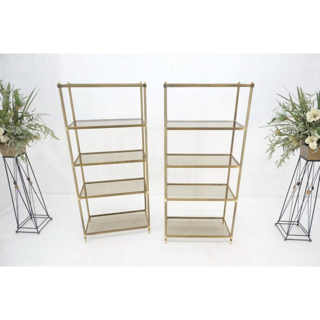 Pair Decorative Brass Smoked Glass 4 Tier Shelves Vitrines Etageres Displays For Sale - Image 11 of 14